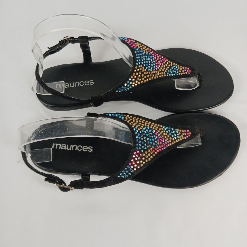 Maurices Sandals Black Rhinestone Studded Flat Flip Flops Size 9 - Picture 2 of 11